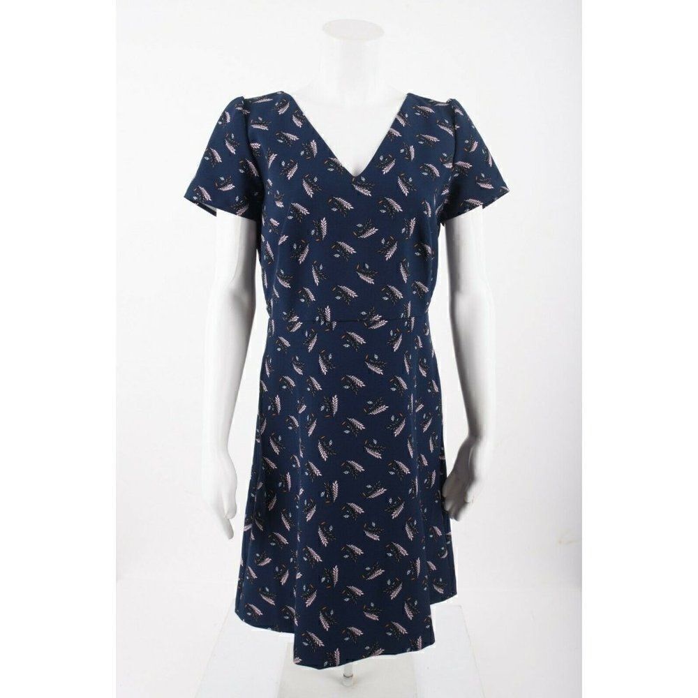LOFT Womens A-Line Dress Sz 4 Navy Blue Printed Knee Length Short Sleeve NWT